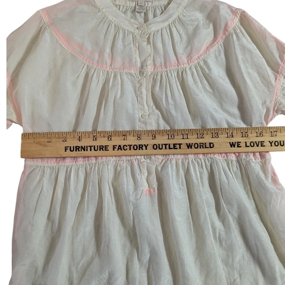 J. Crew Ivory Silk Cotton Babydoll Blouse Pink Trim Puff Sleeve Sz 0